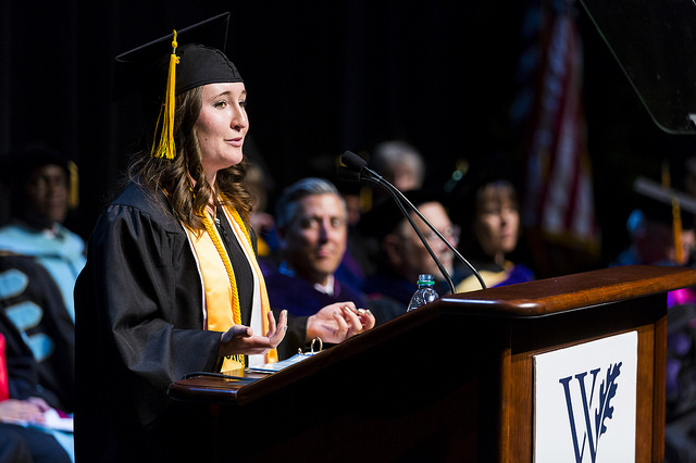 Valedictorian student speaking during graduation ceremony