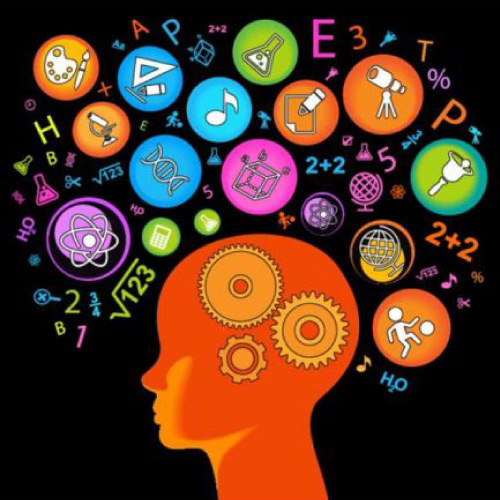 Stock photo of orange brain with science symbols in different colors floating above